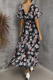 Elegant Floral Split Joint Flounce V Neck Waist Skirt Dresses(4 colors)