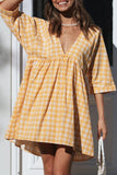Fashion Casual Plaid Split Joint V Neck Princess Dresses