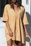 Fashion Casual Plaid Split Joint V Neck Princess Dresses