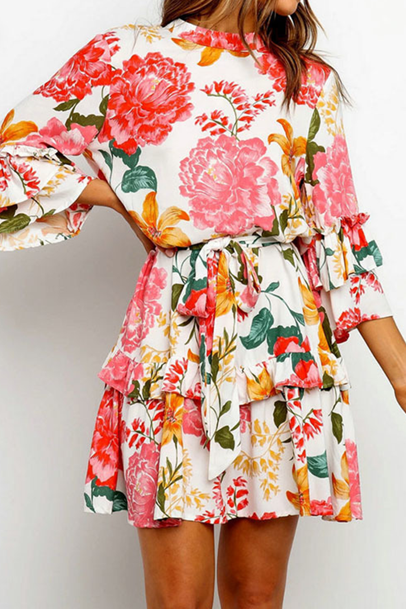 Elegant Floral Flounce Strap Design O Neck Waist Skirt Dresses - Fashionpara