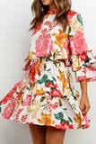 Elegant Floral Flounce Strap Design O Neck Waist Skirt Dresses