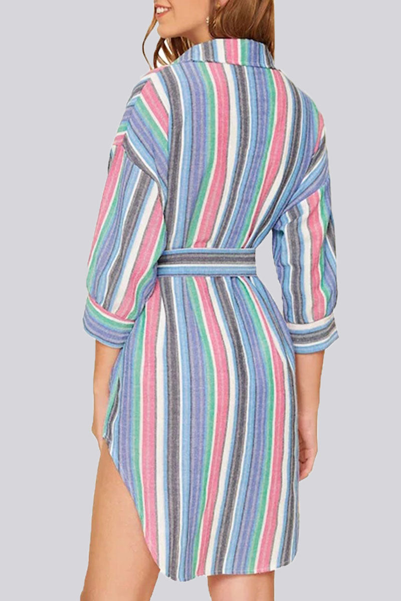 Fashion Casual Striped Split Joint Turndown Collar A Line Dresses - Fashionpara