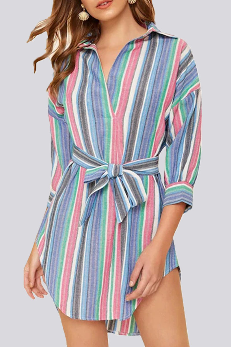 Fashion Casual Striped Split Joint Turndown Collar A Line Dresses - Fashionpara