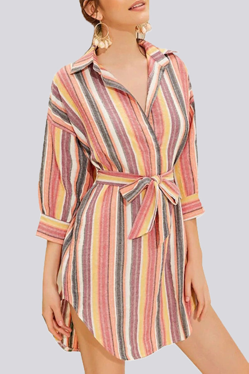 Fashion Casual Striped Split Joint Turndown Collar A Line Dresses - Fashionpara