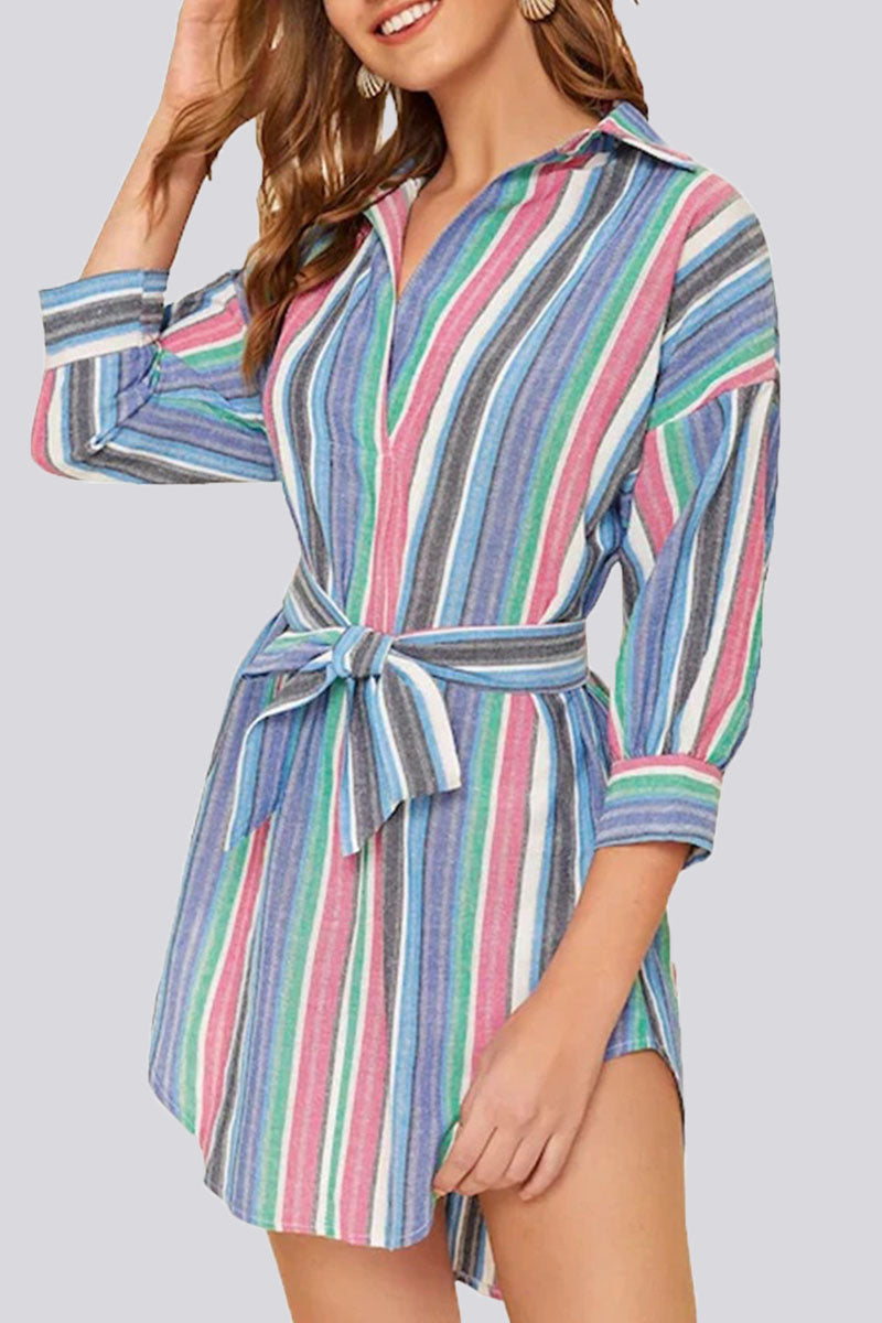 Fashion Casual Striped Split Joint Turndown Collar A Line Dresses - Fashionpara