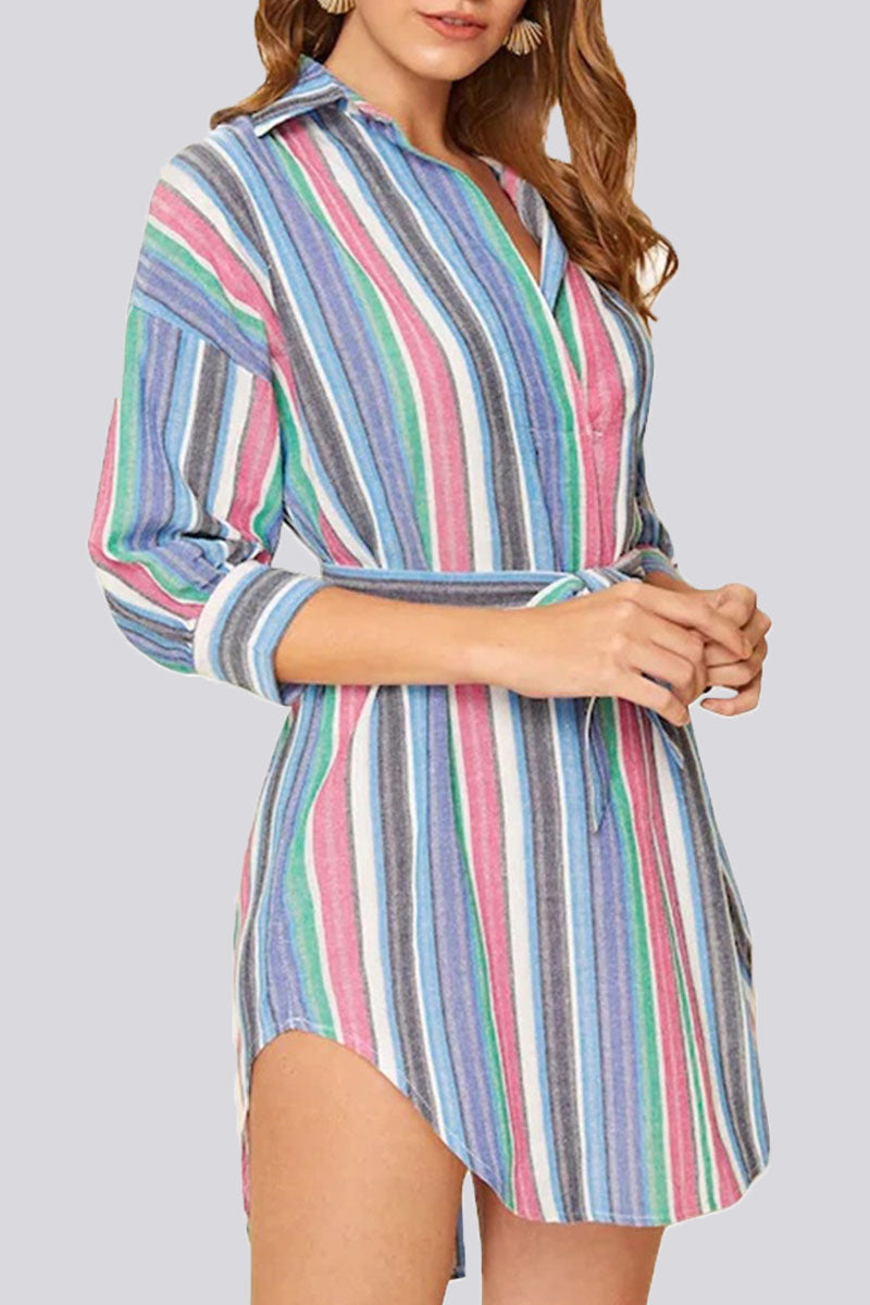 Fashion Casual Striped Split Joint Turndown Collar A Line Dresses - Fashionpara