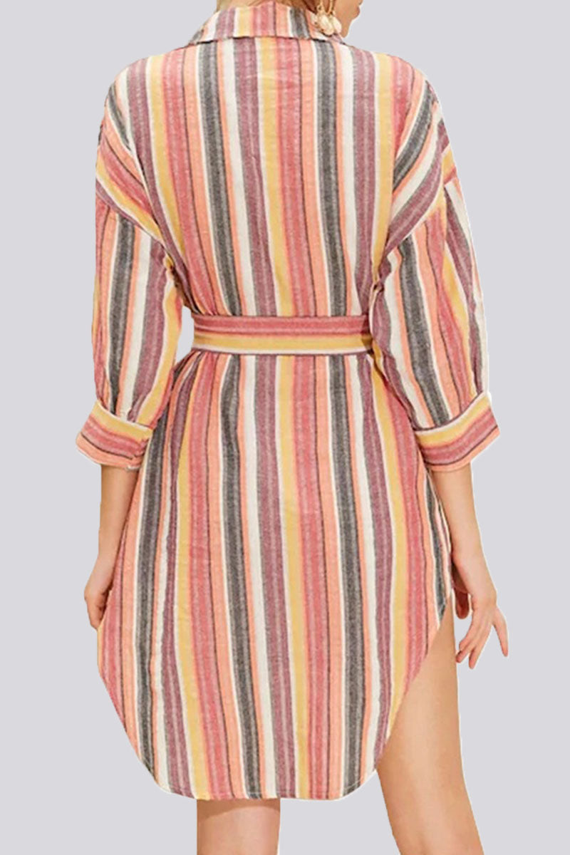 Fashion Casual Striped Split Joint Turndown Collar A Line Dresses - Fashionpara