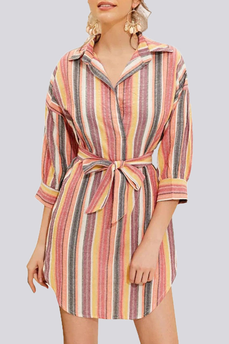 Fashion Casual Striped Split Joint Turndown Collar A Line Dresses - Fashionpara