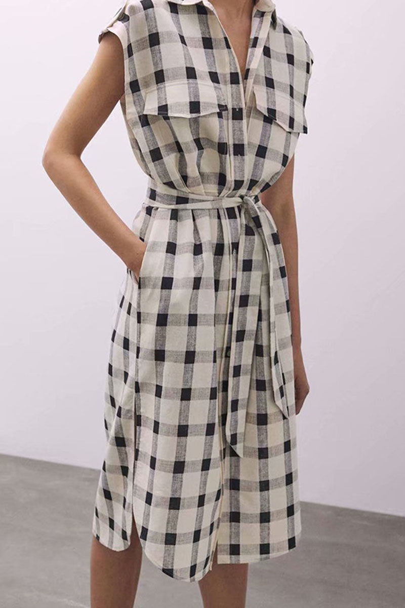Fashion Casual Plaid Split Joint Turndown Collar A Line Dresses - Fashionpara