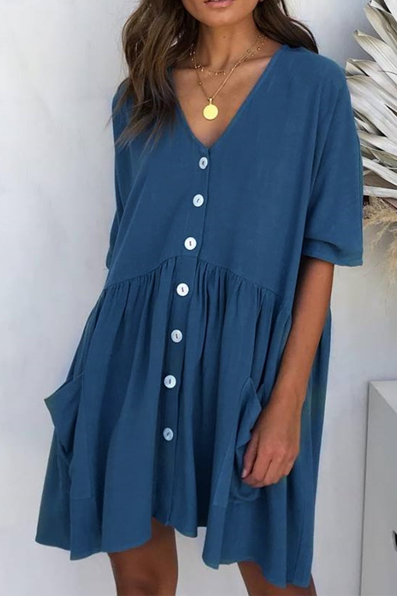 Casual Solid Pocket Buckle V Neck A Line Dresses(4 Colors) - Fashionpara