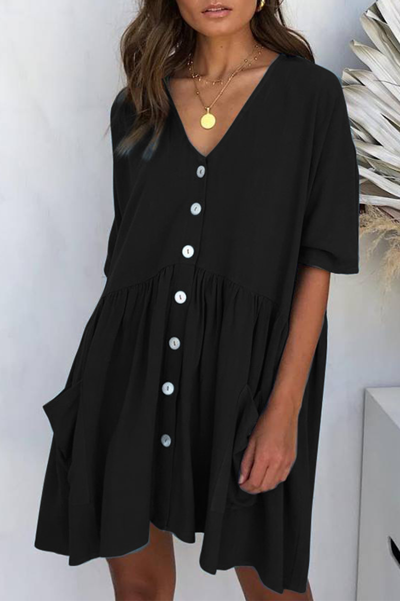 Casual Solid Pocket Buckle V Neck A Line Dresses(4 Colors) - Fashionpara