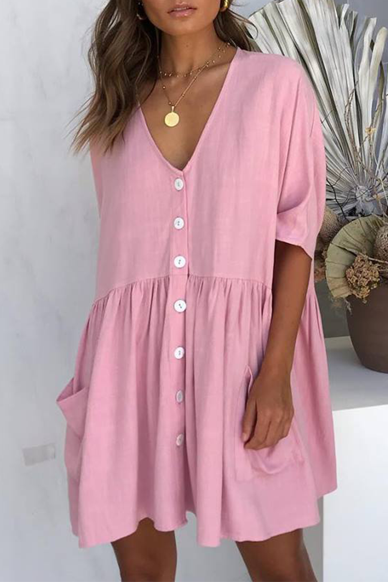 Casual Solid Pocket Buckle V Neck A Line Dresses(4 Colors) - Fashionpara