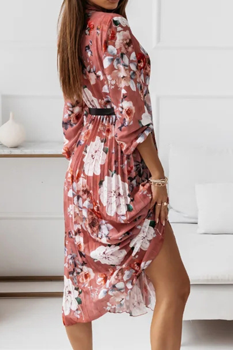 Elegant Floral Fold With Belt Ribbon Collar Pleated Dresses - Fashionpara