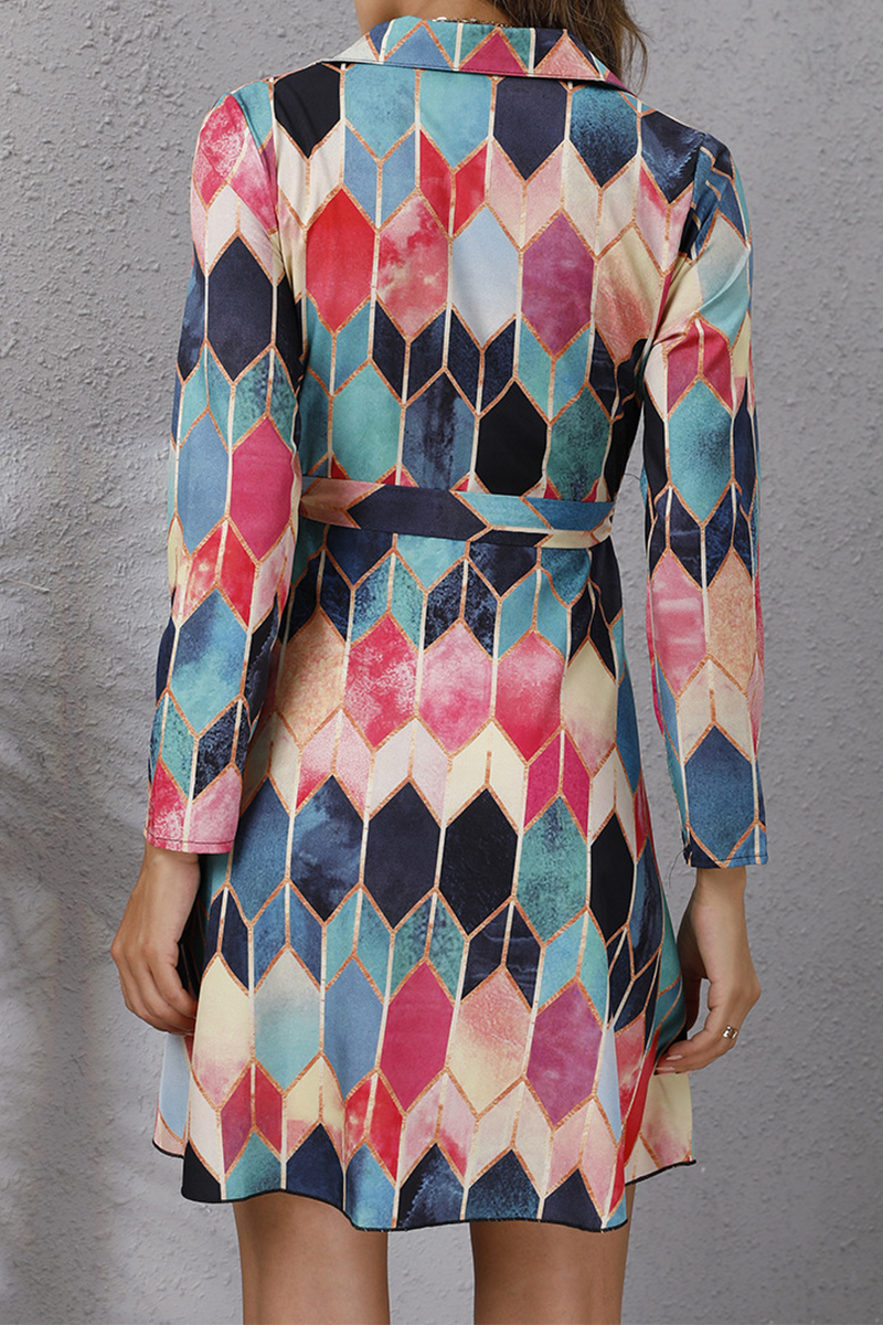 Elegant Geometric Print Buckle With Belt Turndown Collar A Line Dresses - Fashionpara