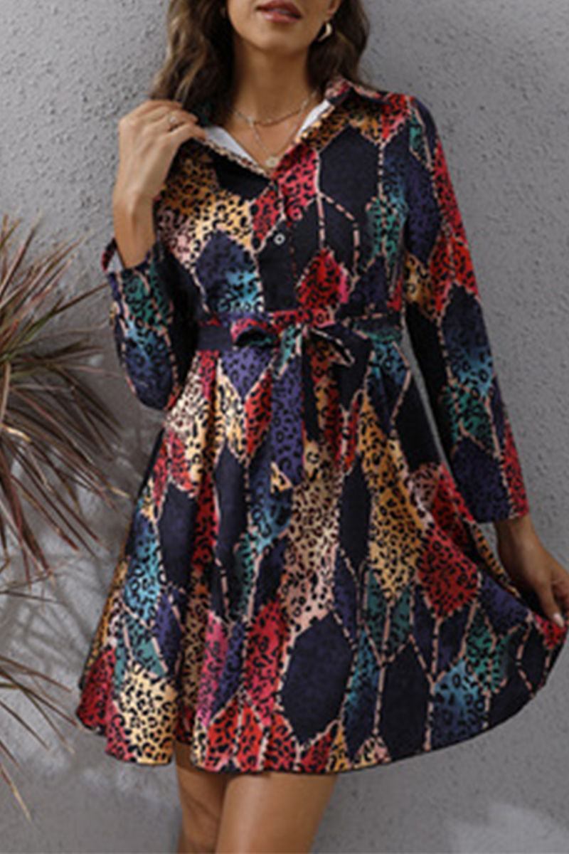 Elegant Geometric Print Buckle With Belt Turndown Collar A Line Dresses - Fashionpara