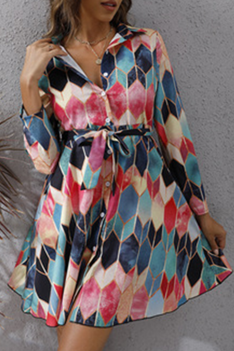 Elegant Geometric Print Buckle With Belt Turndown Collar A Line Dresses - Fashionpara