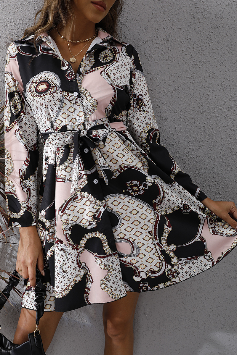 Elegant Geometric Print Buckle With Belt Turndown Collar A Line Dresses - Fashionpara
