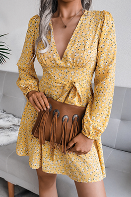 Casual Floral Split Joint Frenulum V Neck A Line Dresses - Fashionpara