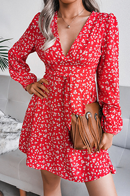 Casual Floral Split Joint Frenulum V Neck A Line Dresses - Fashionpara