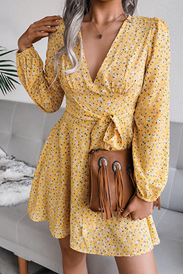 Casual Floral Split Joint Frenulum V Neck A Line Dresses - Fashionpara