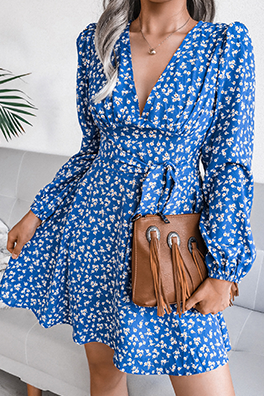 Casual Floral Split Joint Frenulum V Neck A Line Dresses - Fashionpara