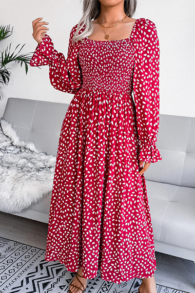 Elegant Print Flounce Fold Square Collar Dresses - Fashionpara