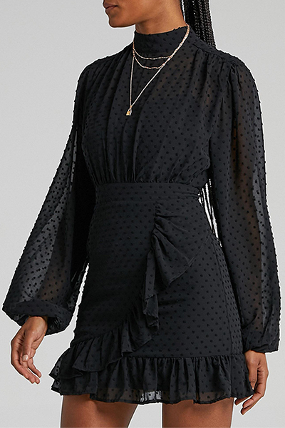 Elegant Polka Dot Split Joint Flounce Half A Turtleneck Waist Skirt Dresses - Fashionpara