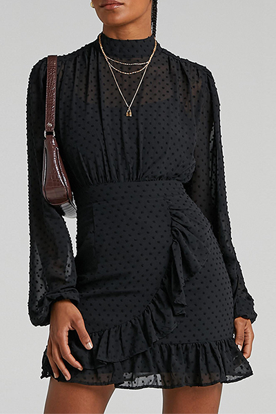 Elegant Polka Dot Split Joint Flounce Half A Turtleneck Waist Skirt Dresses - Fashionpara