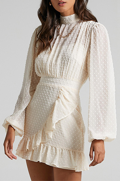 Elegant Polka Dot Split Joint Flounce Half A Turtleneck Waist Skirt Dresses - Fashionpara