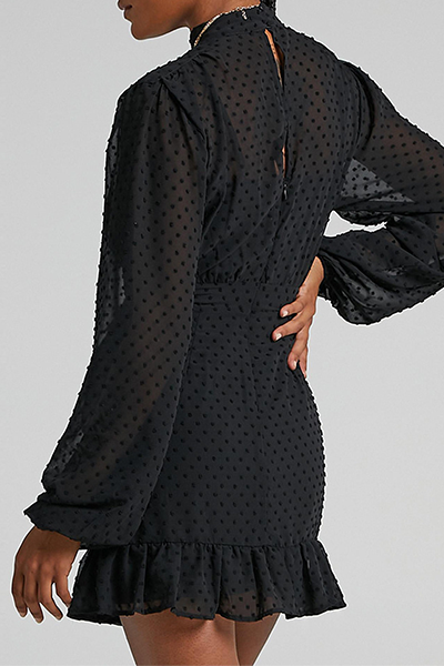 Elegant Polka Dot Split Joint Flounce Half A Turtleneck Waist Skirt Dresses - Fashionpara