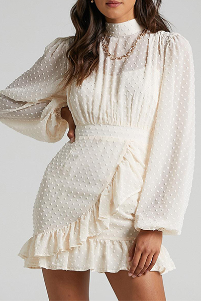 Elegant Polka Dot Split Joint Flounce Half A Turtleneck Waist Skirt Dresses - Fashionpara