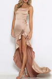 Elegant Solid Flounce Slit Evening Dress Dresses