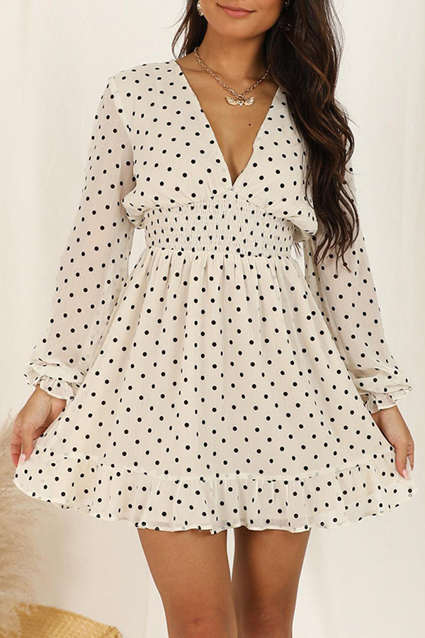 Elegant Polka Dot Patchwork Flounce V Neck Waist Skirt Dresses - Fashionpara