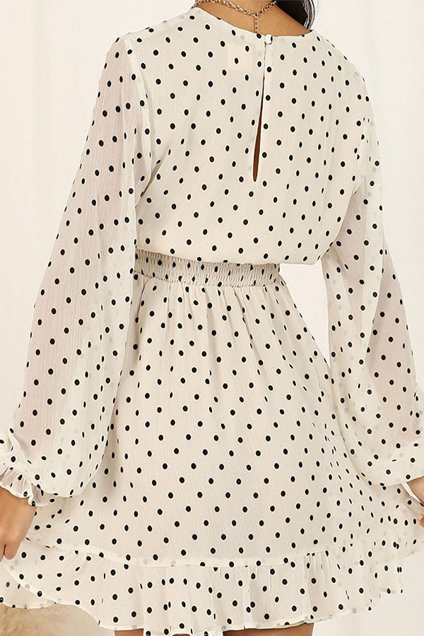 Elegant Polka Dot Patchwork Flounce V Neck Waist Skirt Dresses - Fashionpara