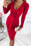 Fashion Elegant Solid Slit With Belt V Neck Wrapped Skirt Dresses(5 Colors)