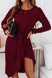 Fashion Elegant Solid With Belt  O Neck Long Sleeve Dresses（3 colors）