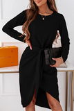 Fashion Elegant Solid With Belt  O Neck Long Sleeve Dresses（3 colors）