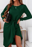 Fashion Elegant Solid With Belt  O Neck Long Sleeve Dresses（3 colors）