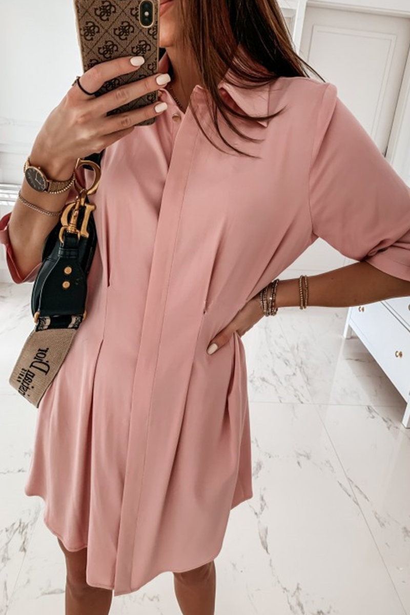Fashion Casual Solid Buckle Fold Turndown Collar Shirt Dress Dresses - Fashionpara