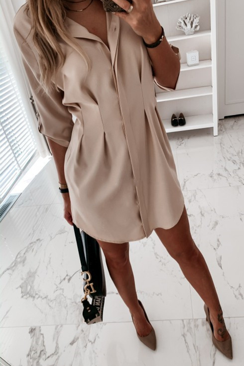 Fashion Casual Solid Buckle Fold Turndown Collar Shirt Dress Dresses - Fashionpara