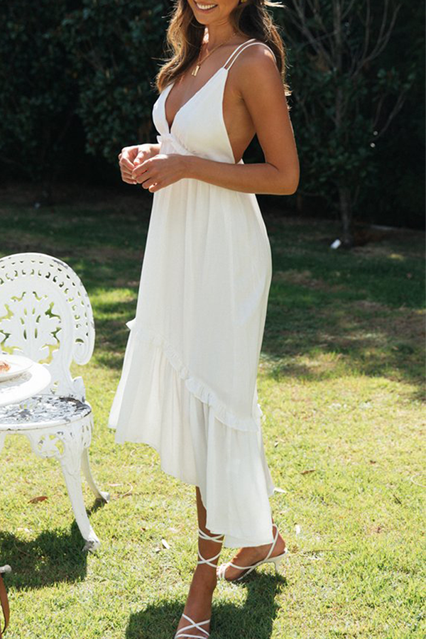 Fashion Casual Solid Frenulum Backless V Neck A Line Dresses - Fashionpara