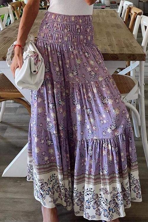 Floral Print Elastic Maxi Skirts - Fashionpara