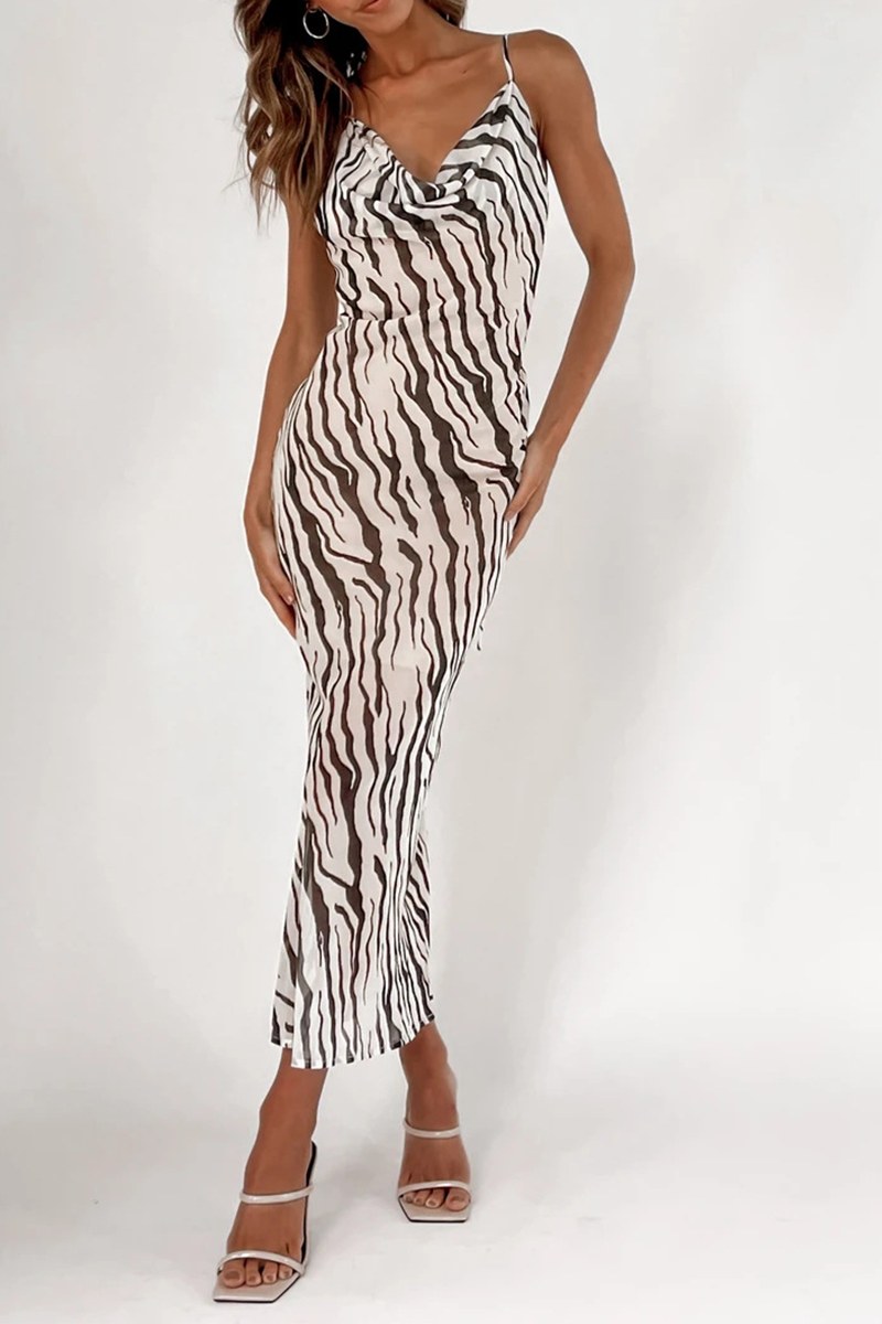 Sexy Animal Print Leopard Patchwork Spaghetti Strap Pencil Skirt Dresses - Fashionpara