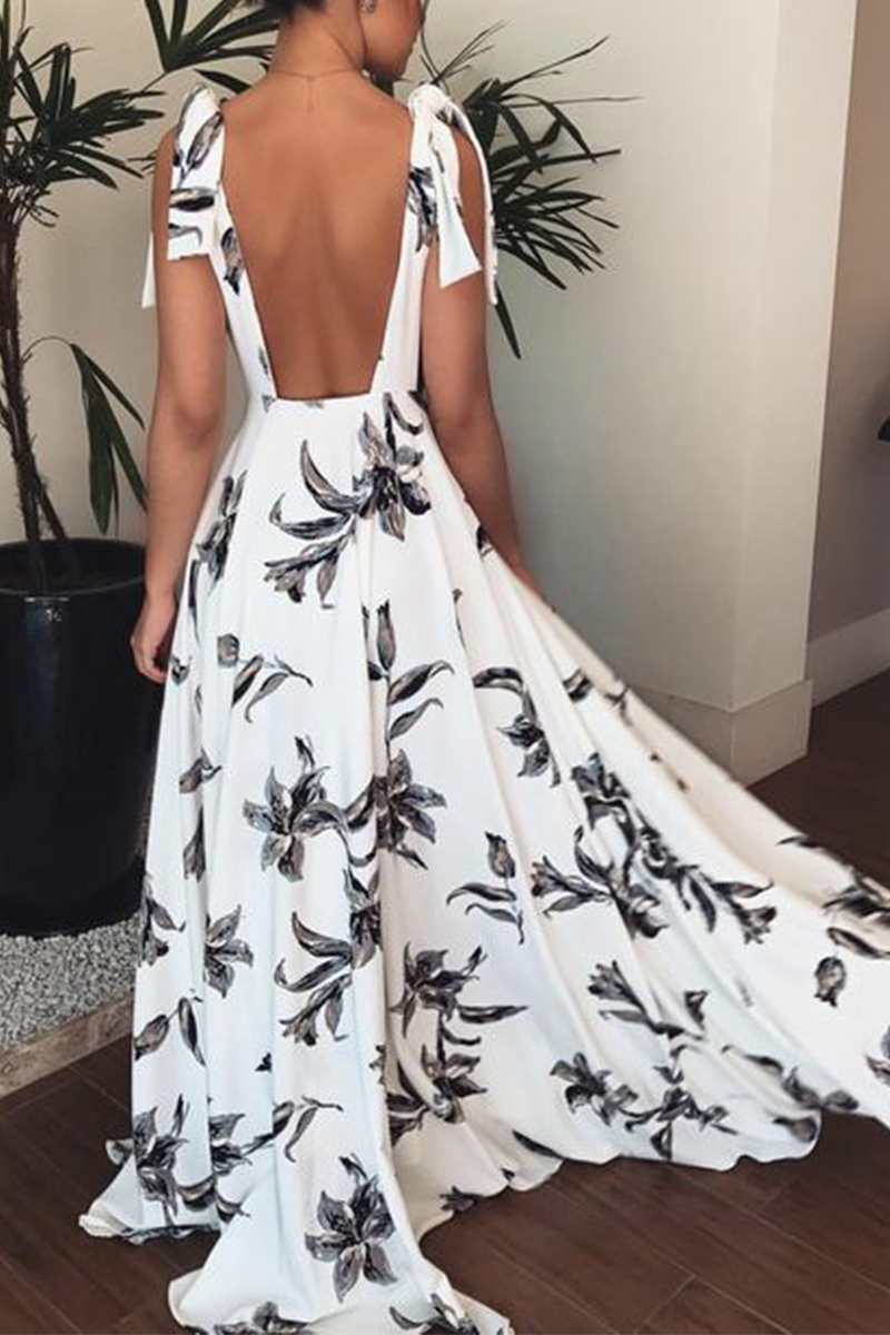 Casual Print Split Joint V Neck Cake Skirt Dresses - Fashionpara