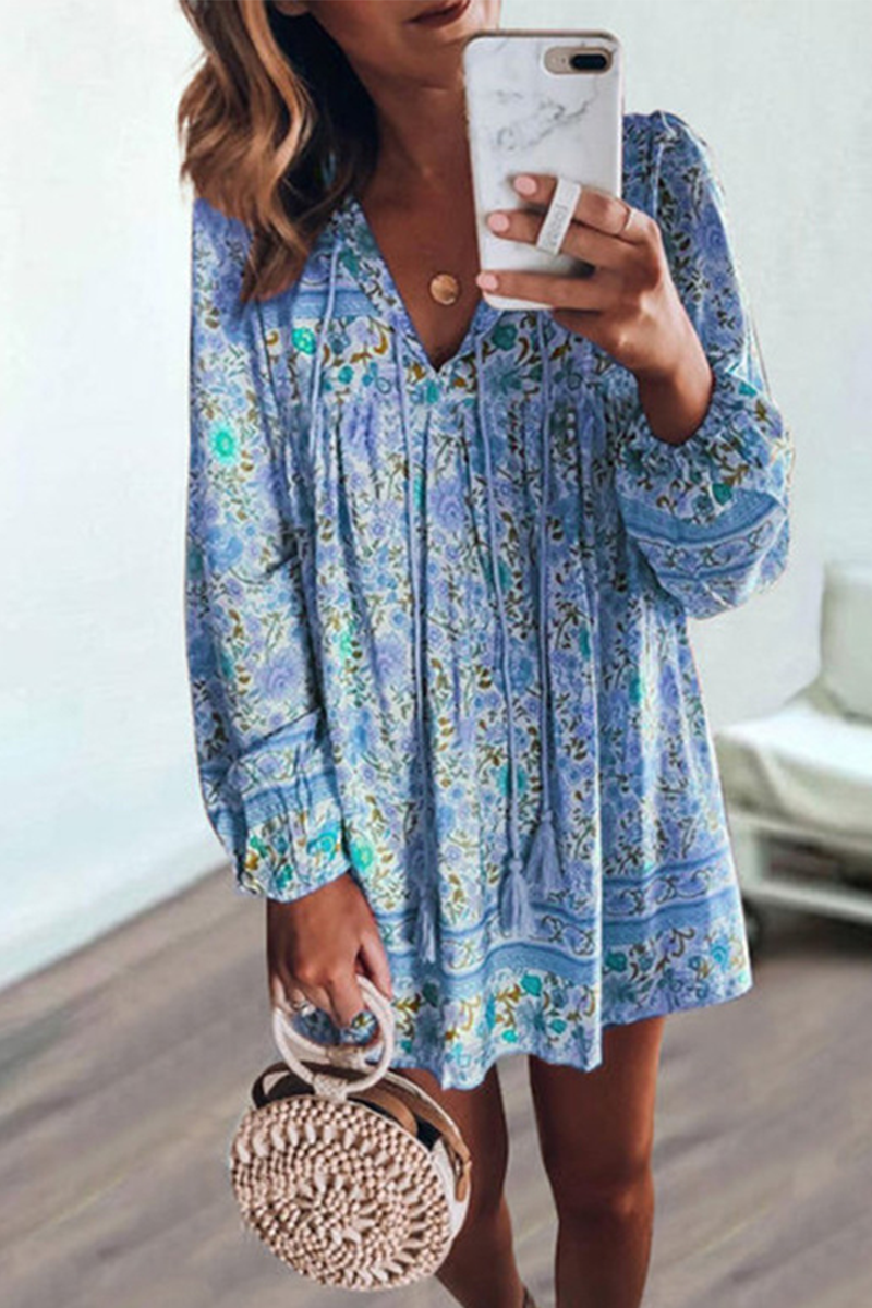 Casual Print Patchwork V Neck Cake Skirt Dresses(4 colors) - Fashionpara