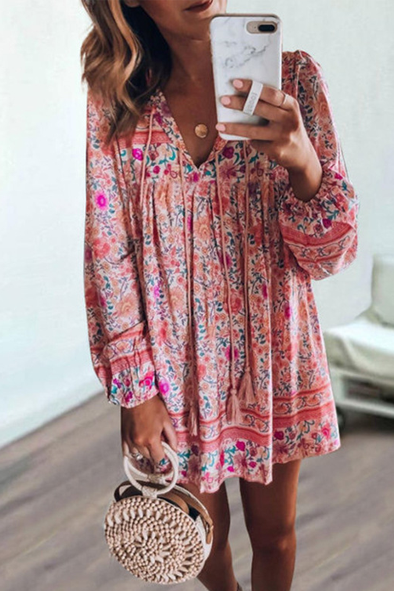 Casual Print Patchwork V Neck Cake Skirt Dresses(4 colors) - Fashionpara