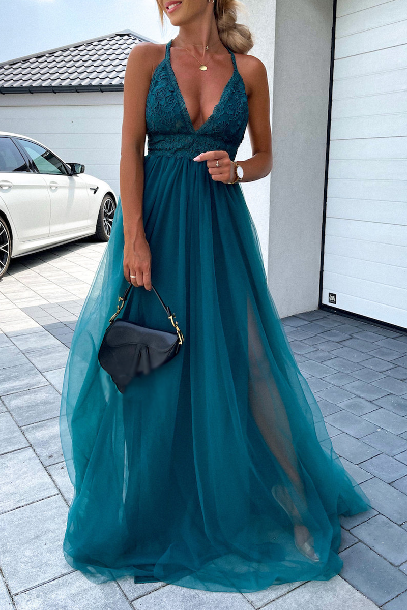 Sexy Solid Mesh Halter Cake Skirt Dresses - Fashionpara