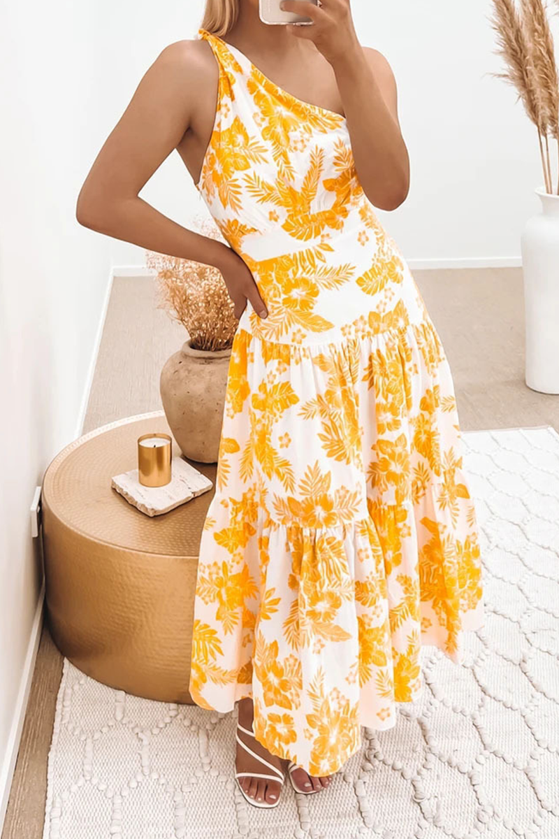 Casual Print Split Joint One Shoulder Cake Skirt Dresses - Fashionpara