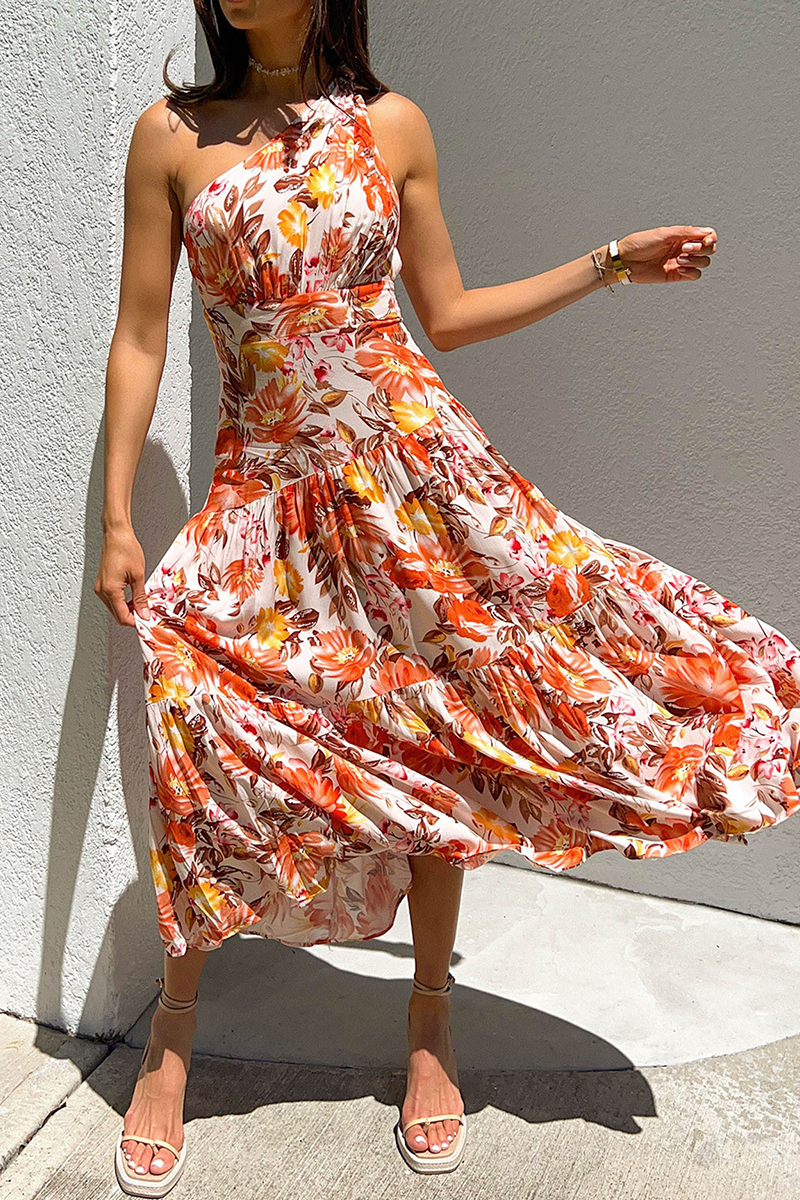 Casual Print Split Joint One Shoulder Cake Skirt Dresses - Fashionpara