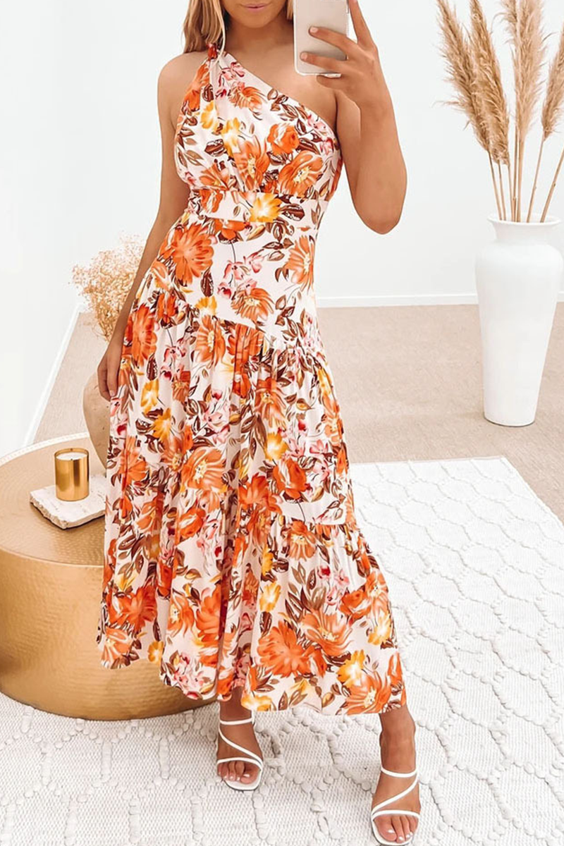 Casual Print Split Joint One Shoulder Cake Skirt Dresses - Fashionpara